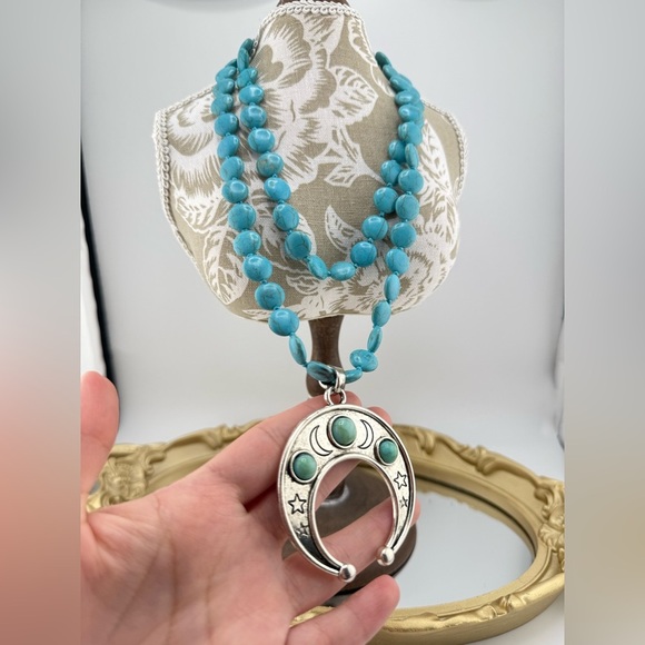 Turquoise Crescent Pendant Necklace – Boho Western Style (33.5 Inches) - Picture 6 of 10